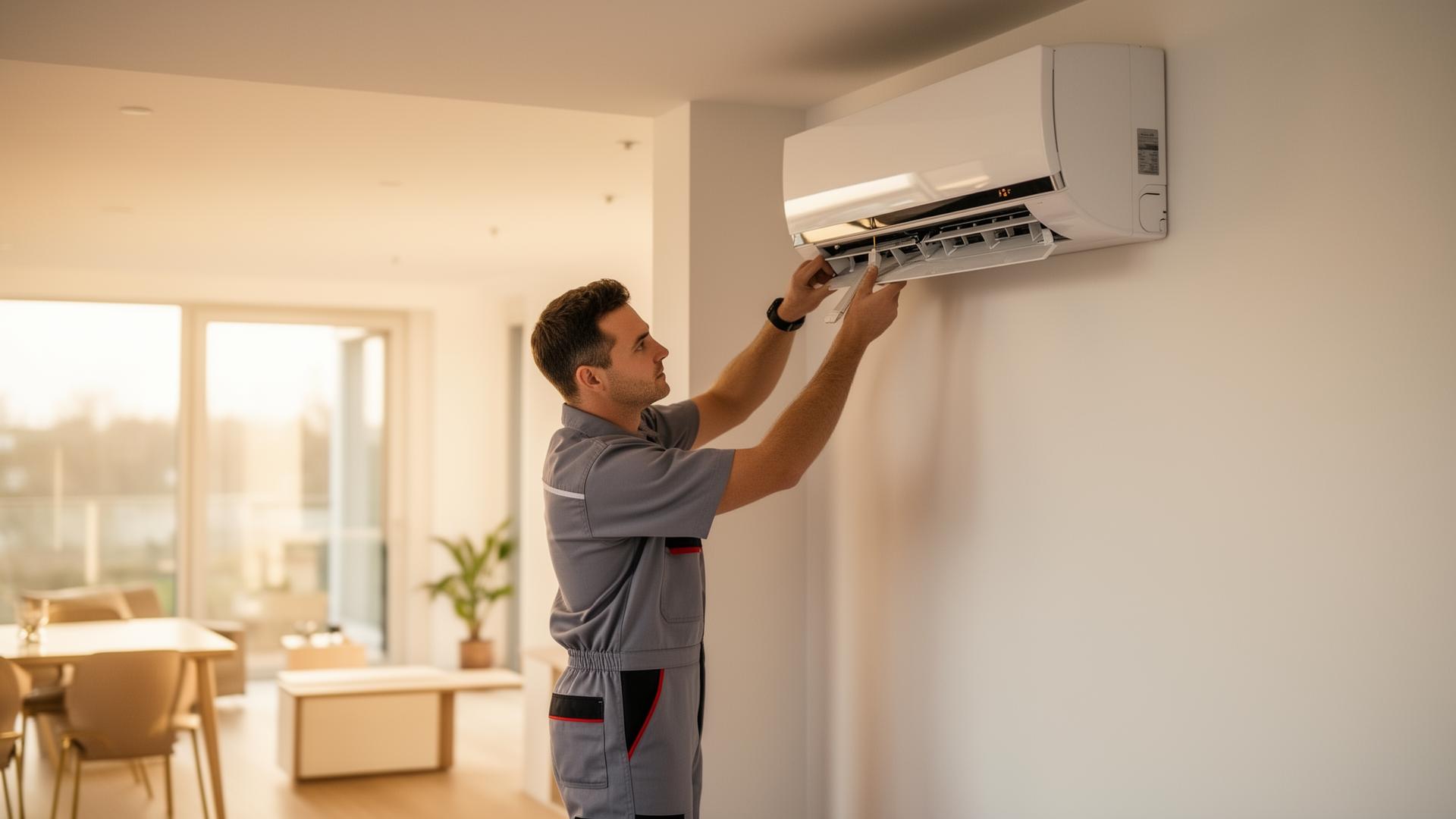 RALH HVAC technician installing a wall-mounted AC unit